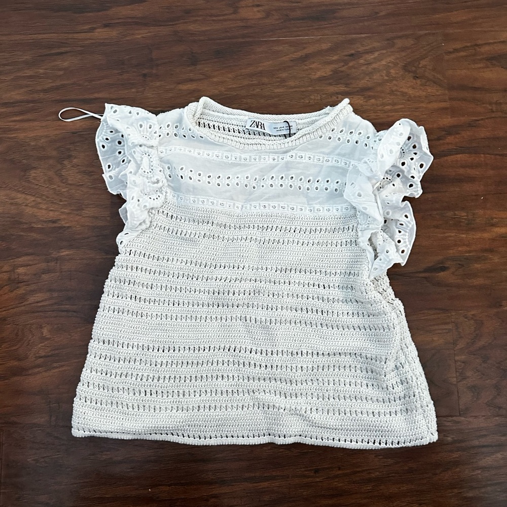 Zara White Crochet Blouse with Flutter Sleeves